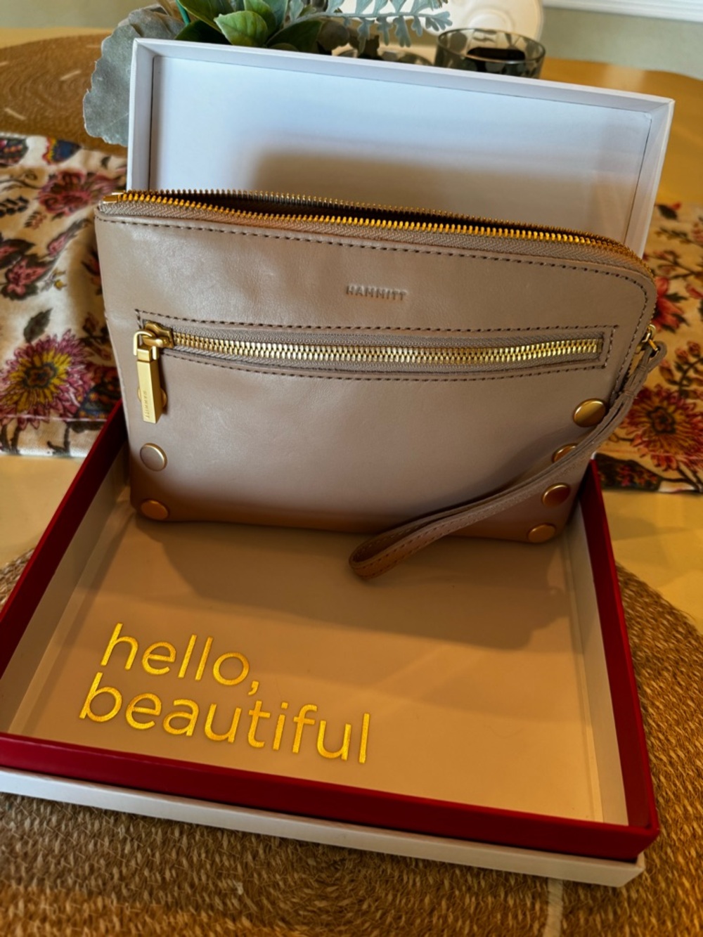 Hammitt Taupe Leather Crossbody Wristlet with Gold Hardware
